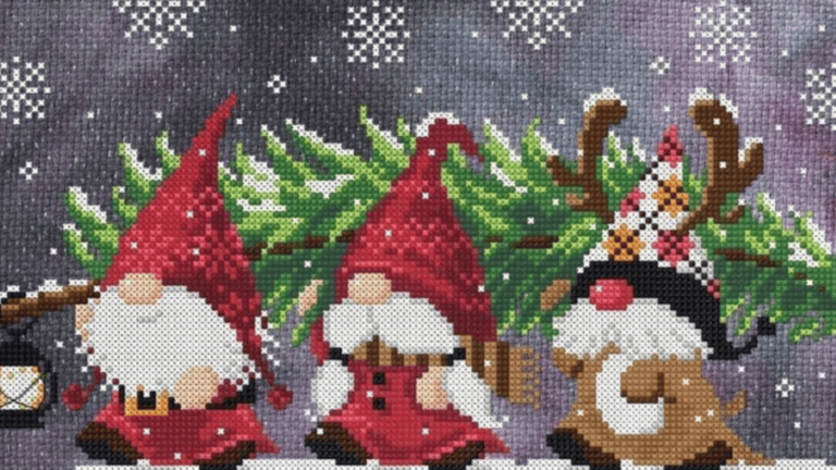 3 gnomes carrying a Christmas tree