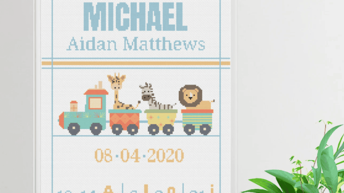 train birth announcement cross stitch patterns with animals