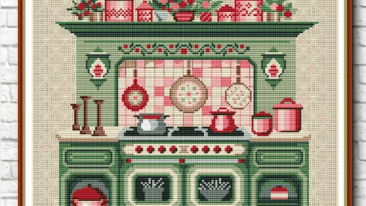 Kitchen Cross Stitch Patterns vintage green stove with pink back splash