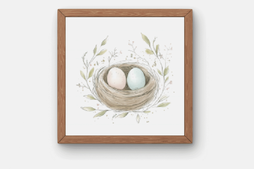 brown bird nest with pink and blue egg