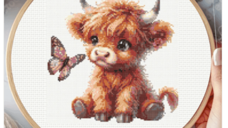 highland cow looking at butterfly