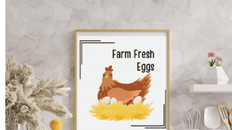 hen with eggs an the words farm fresh eggs