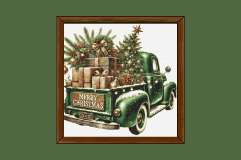 Sideways green Christmas truck with Christmas decor