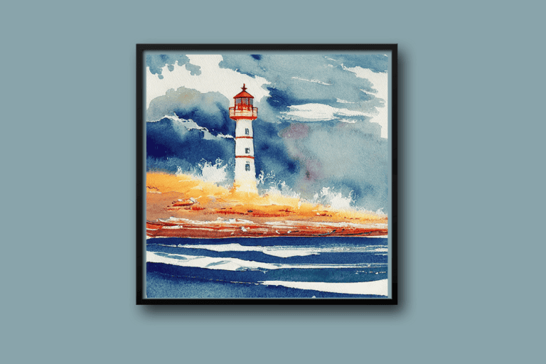 Cream colored Lighthouse with red top and orange