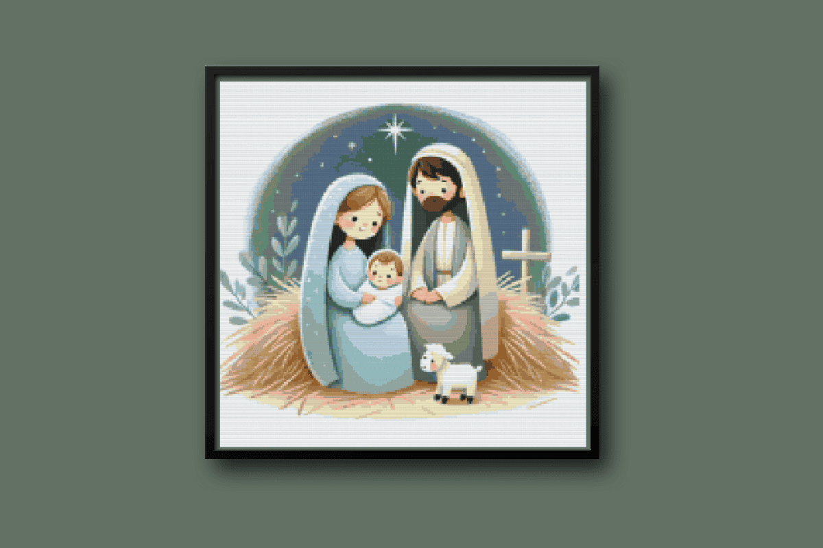 Mary Joseph baby Jesus and a lamb with a blue background