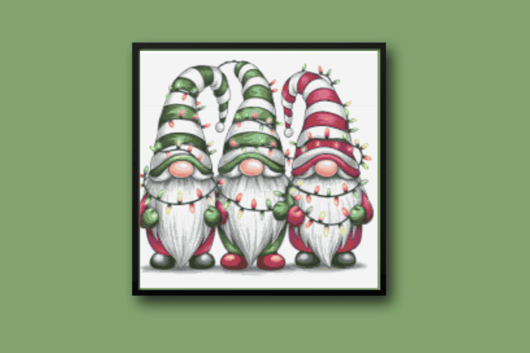 Three Christmas gnomes with lights wrapped around them