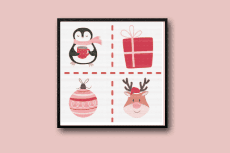 Christmas sampler with penguin gift ornament and reindeer