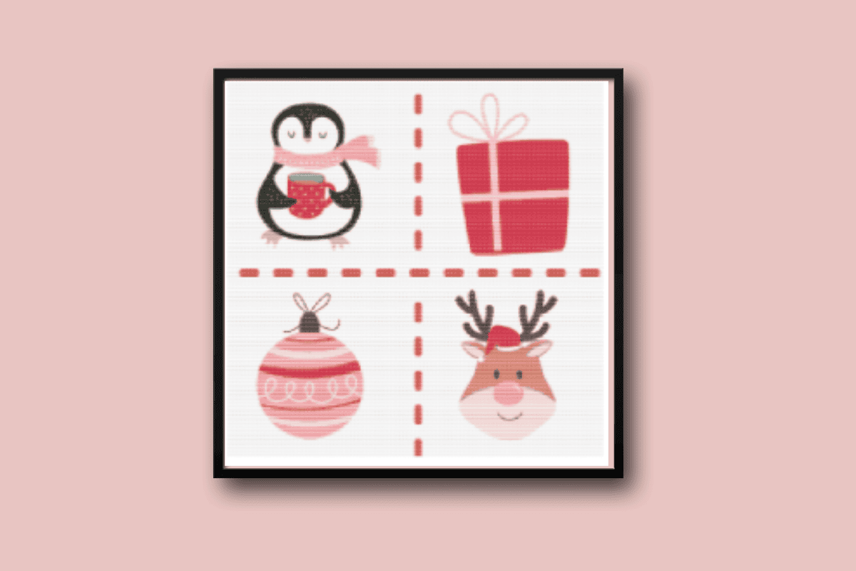 Christmas sampler with penguin gift ornament and reindeer