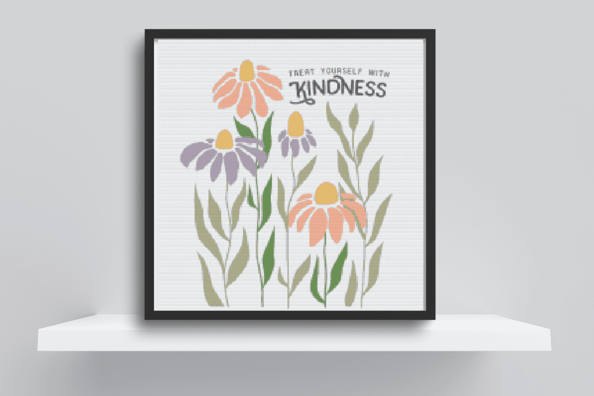 Daisies cross stitch pattern with a kindness quote