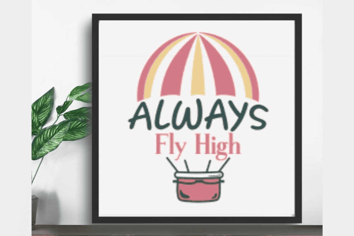 Travel cross stitch pattern that is a balloon and pink and yellows that says always fly high