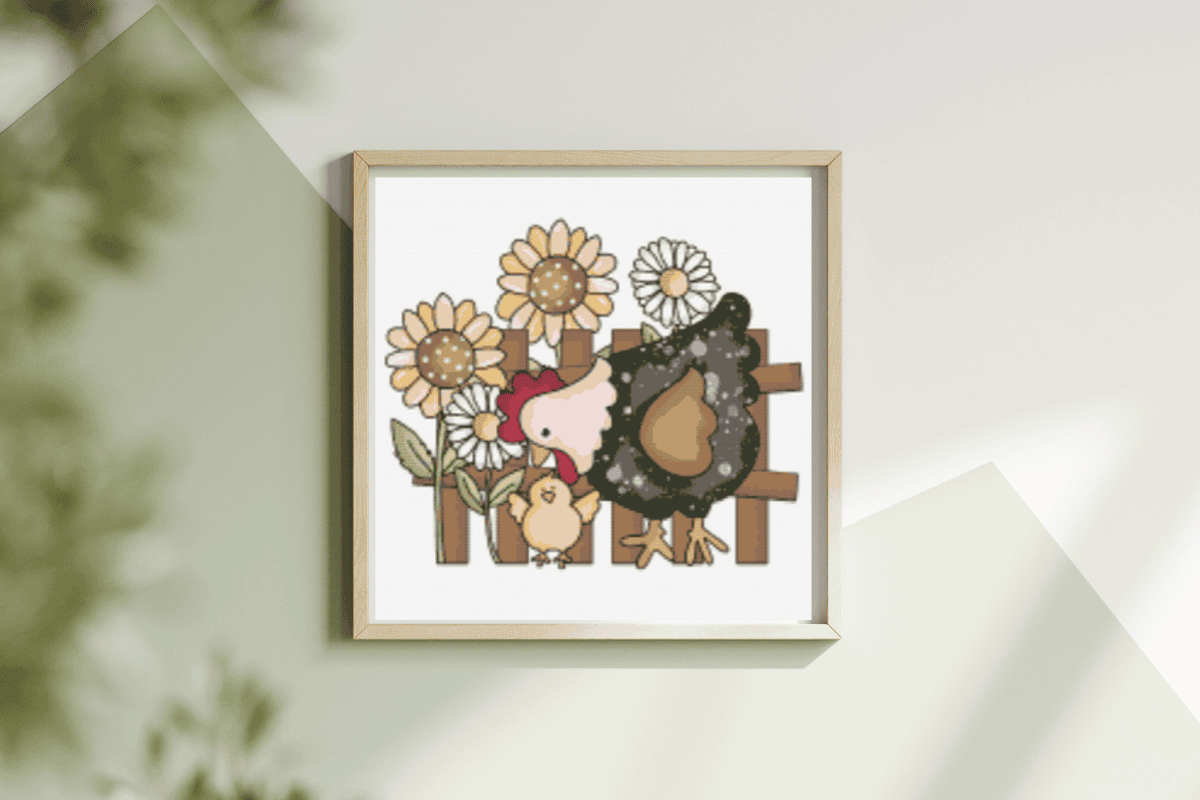 A chicken and her chick in front of a brown fence with flowers